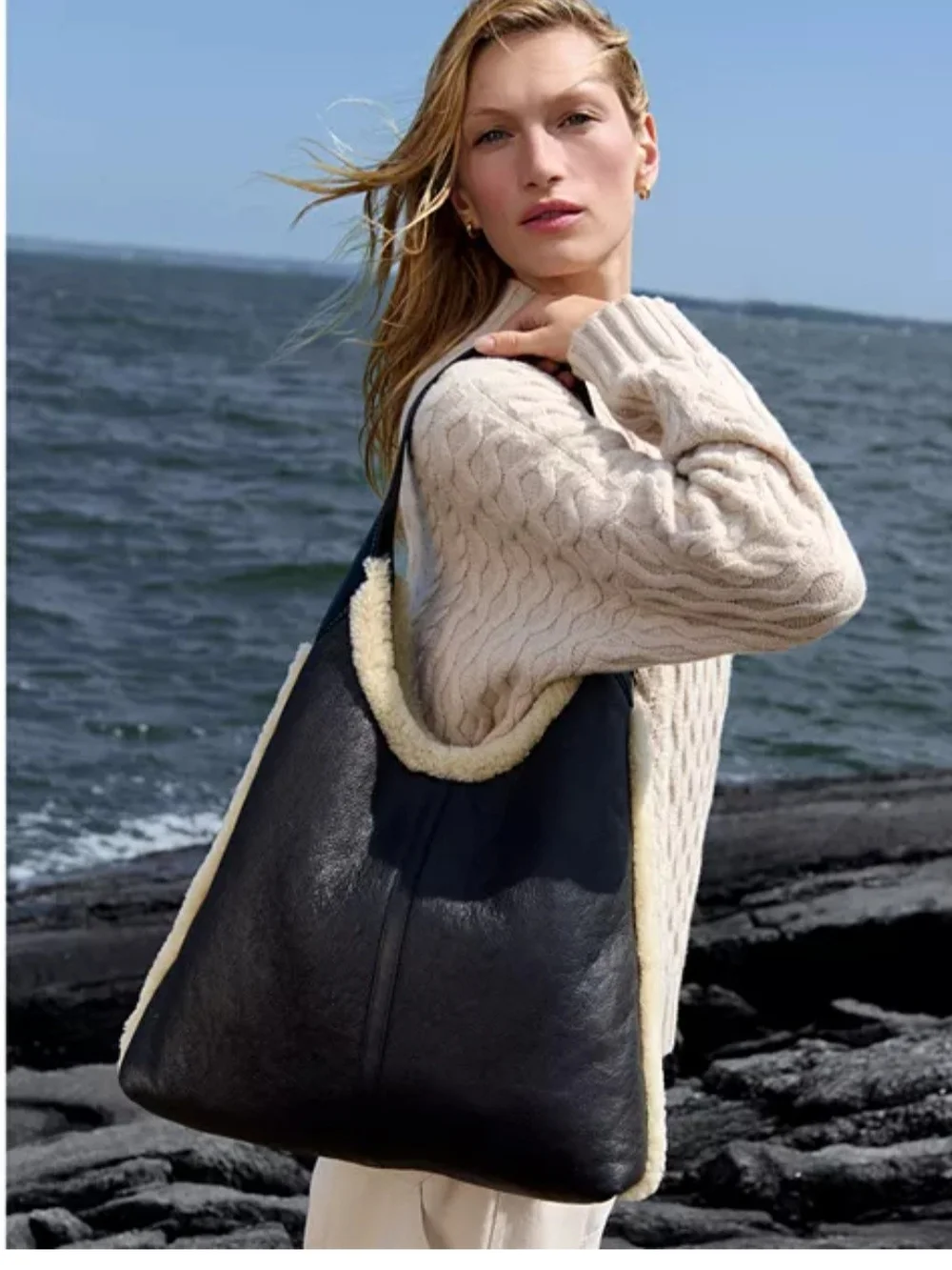 Coach Black Leather Tote with Cream Shearling Trim
